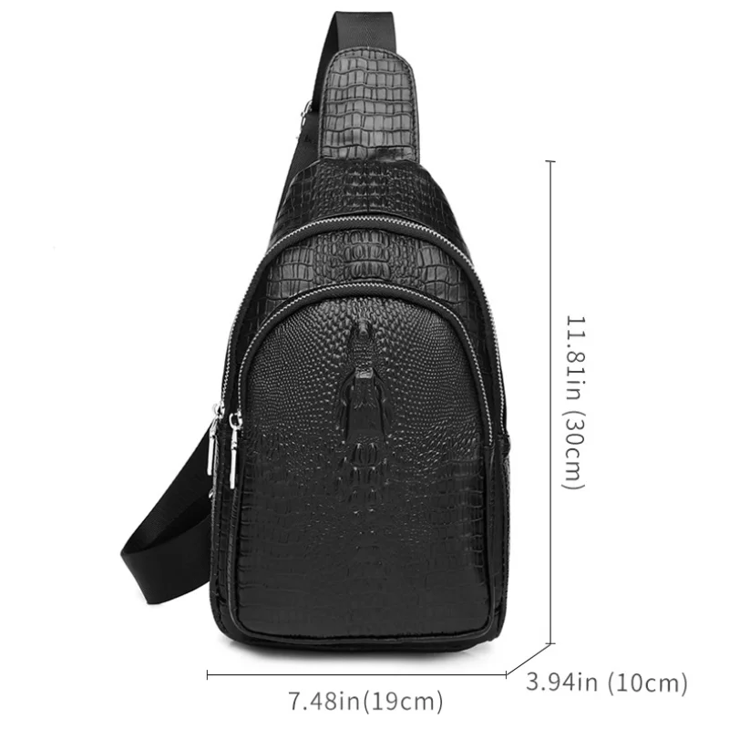 SCHLATUM-Bolso de pecho de piel auténtica para hombre, bandolera informal deportiva con patrón de cocodrilo negro, 100%