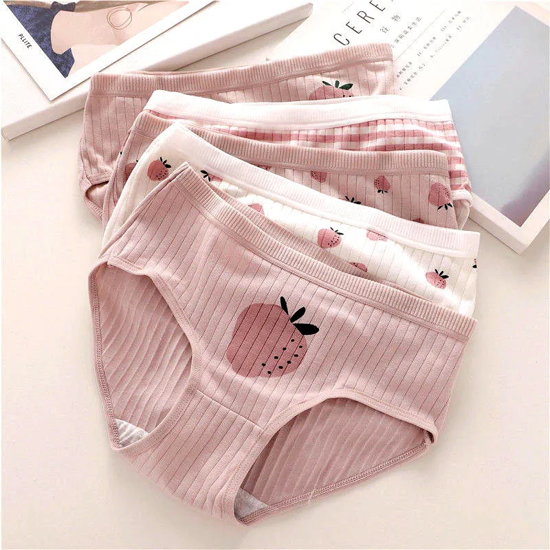 Breathable Cute Sweet Strawberry Girl Briefs Mid Waist Women's Cotton Underwear Female Panties