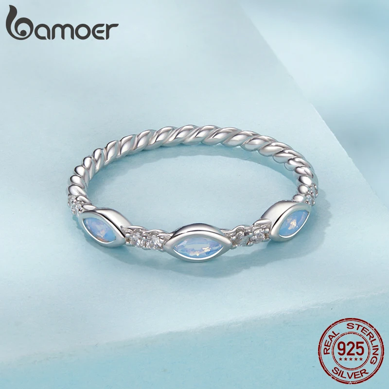 BAMOER 925 Sterling Silver Nano Opal Rings for Women White Gold Plated Wedding Band Stackable Half Eternity Anniversary Ring