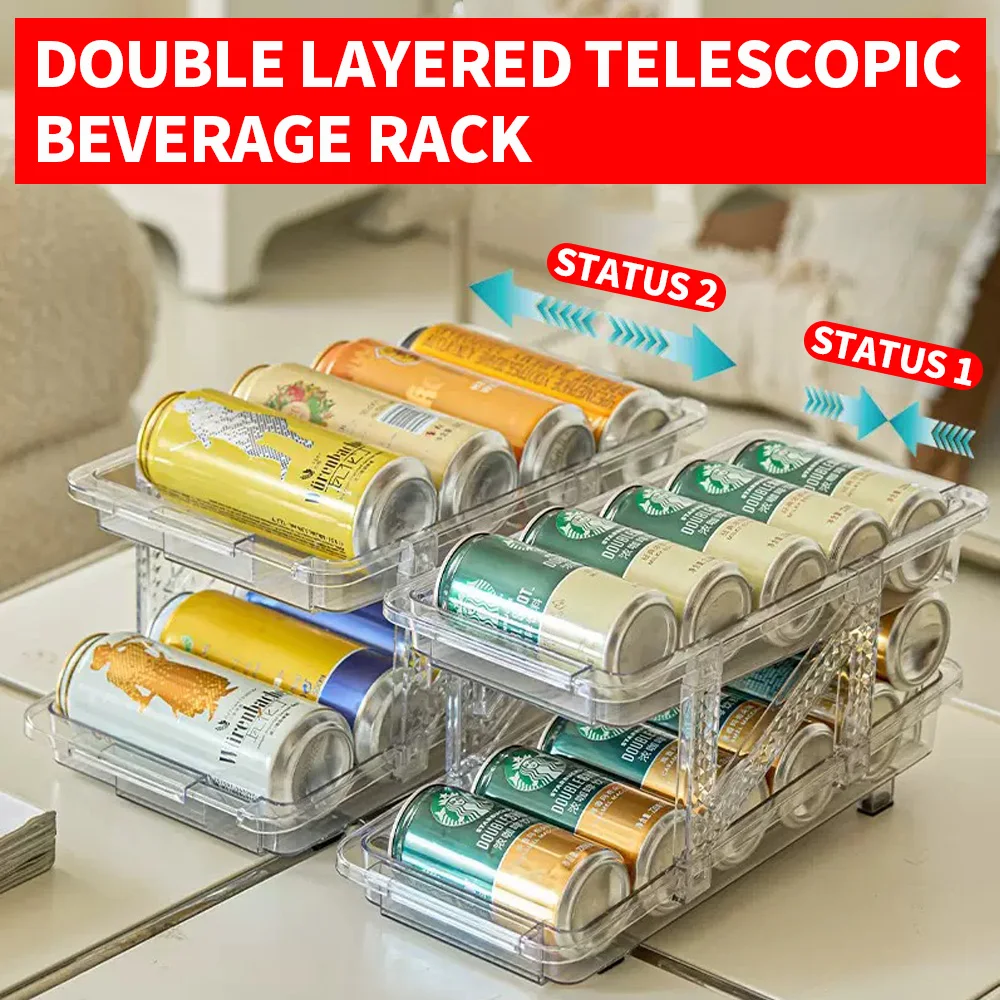 

Expandable beverage storage box, transparent double-layer can storage rack, refrigerator can stacking storage rack