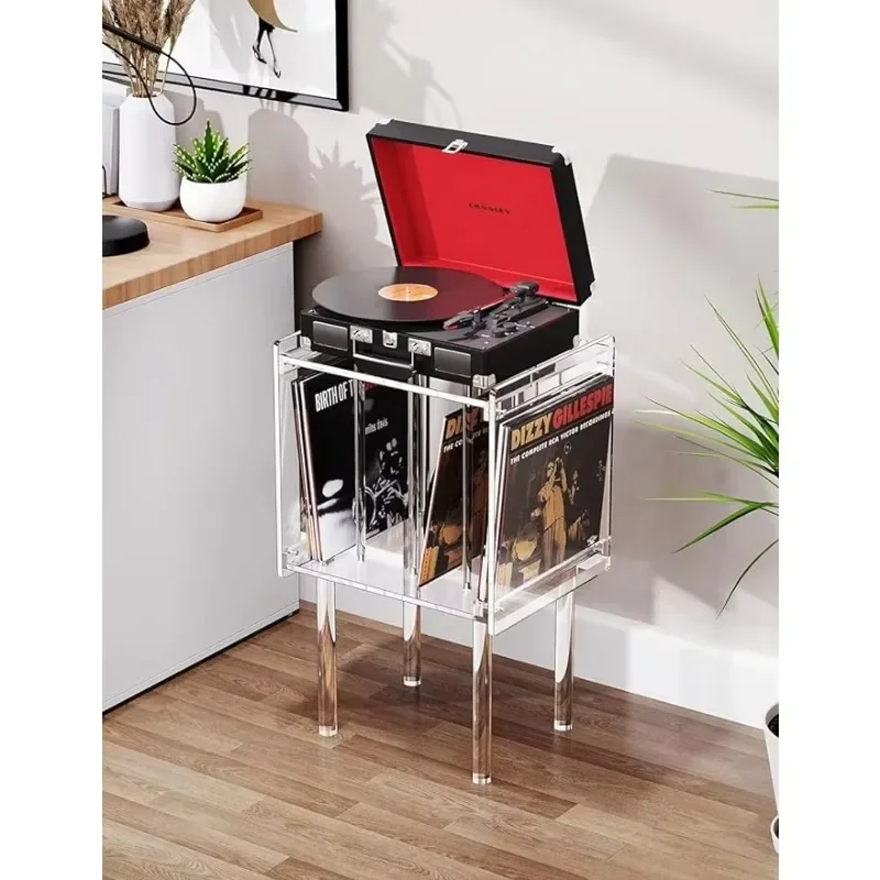 

Hooqu Clear Acrylic Record Player Stand With Vinyl Storage Elegant Display Rack Side Table