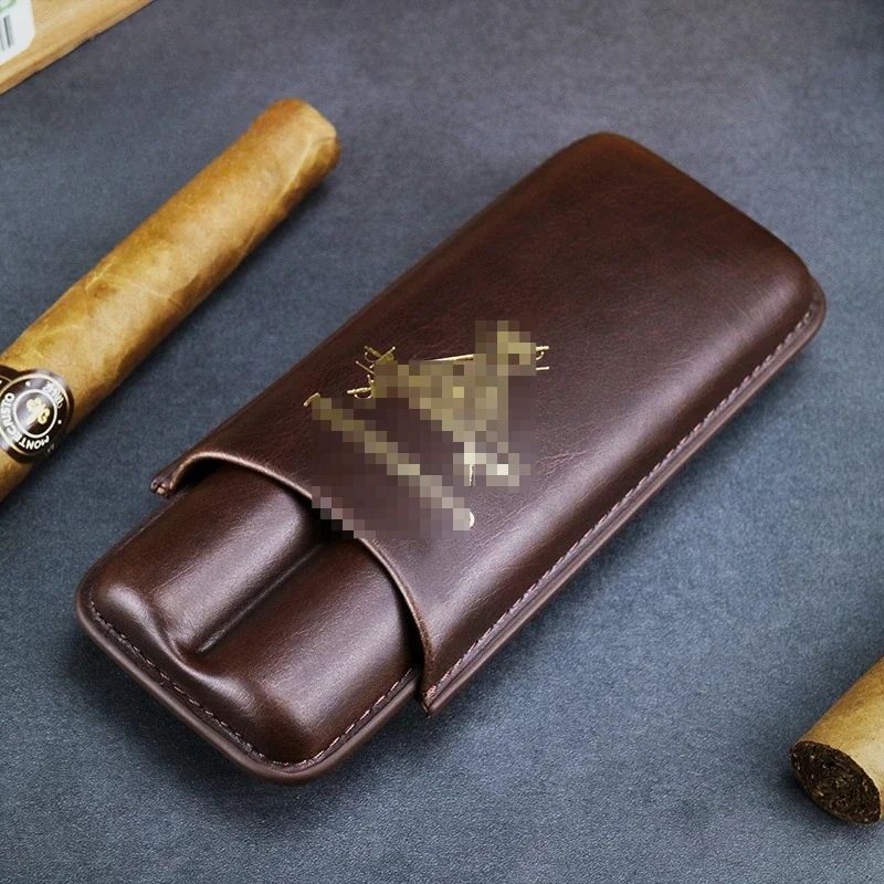 Portable Leather Cigar Travel Case 2 Tubes Cigars Holder with Sharp Cutter Carrying Humidor Cigar Accessories Gift for Boyfriend