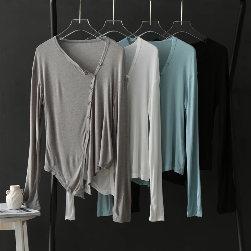 Asymmetrical Modal T-Shirts for Women, Long-Sleeved Tops, Monochromatic, Slim, Elegant, Female Outwear, Summer, Vintage, 2024