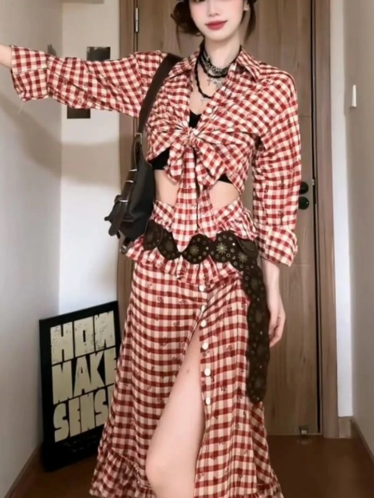 2000s Aesthetic Elegant 2 Piece Sets Women Y2k Plaid Design Tops + Slim midi Skirt Femal Harajuku Chic Korean Popular Clothes