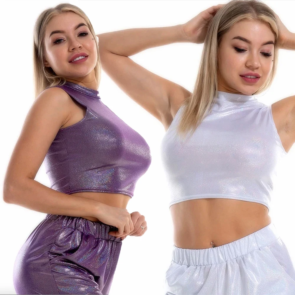女性用メタリッククロップトップ、ポールダンスコスチュームボディスーツ、スパンデックスシャイニーベスト、レイブミュージックフェスティバルタンクトップ、クラブウェア、フェイクレザー