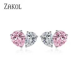 ZAKOL Shinny Cubic Zirconia Pink Love Heart Stud Earrings for Women Trendy Water Drop Crystal Earring Fashion Wedding Jewelry