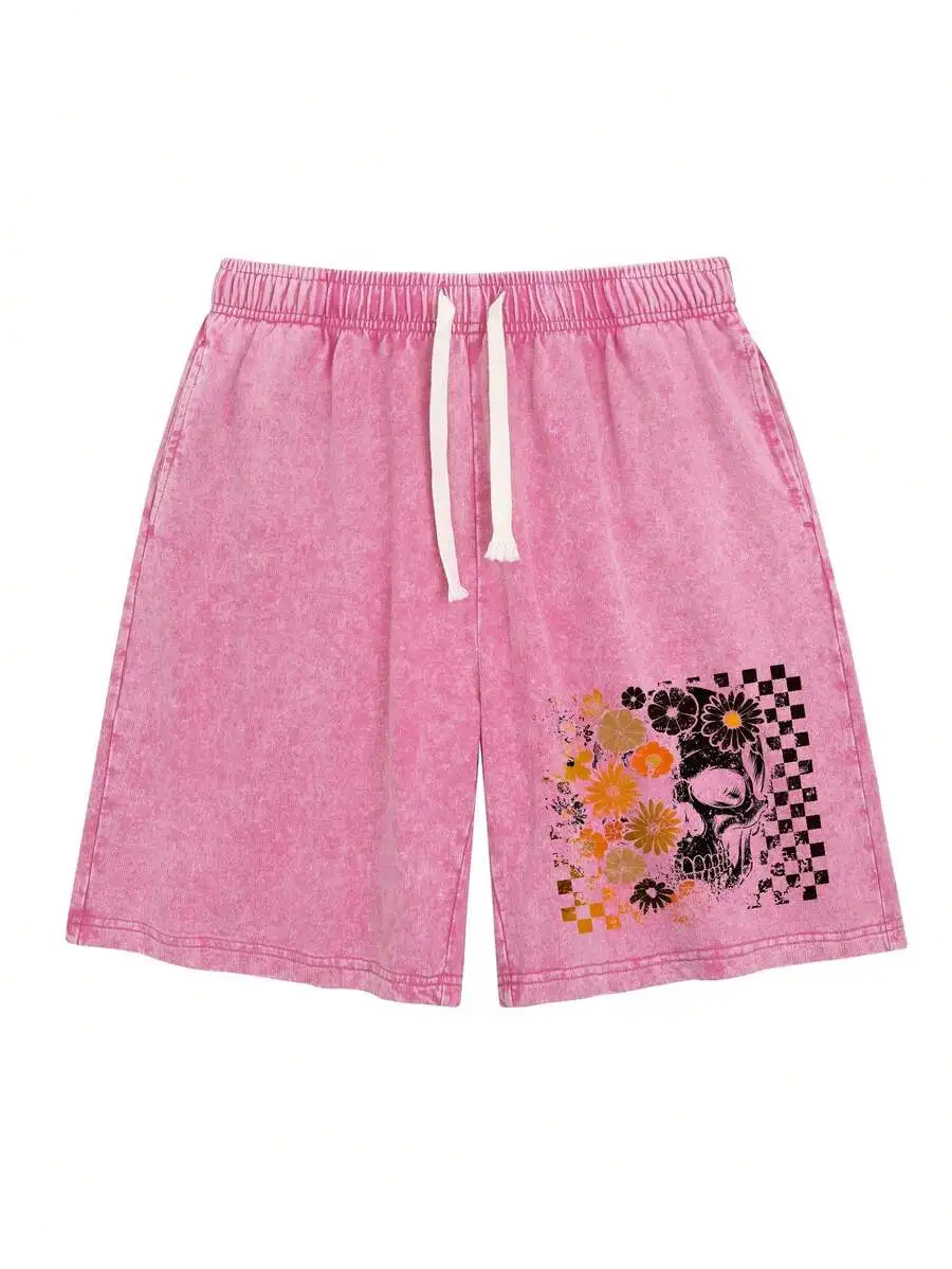 

Vintage Washed Cotton Shorts With Floral Skull Print Casual Mens Summer Beach Shorts