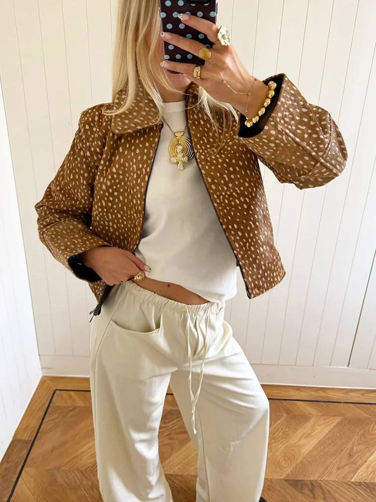 Fashion Leopard Printed Female Coat Lapel Long Sleeve Zipper Women Crop Jacket Chic Lady Streetwear High Street 2026 Autumn
