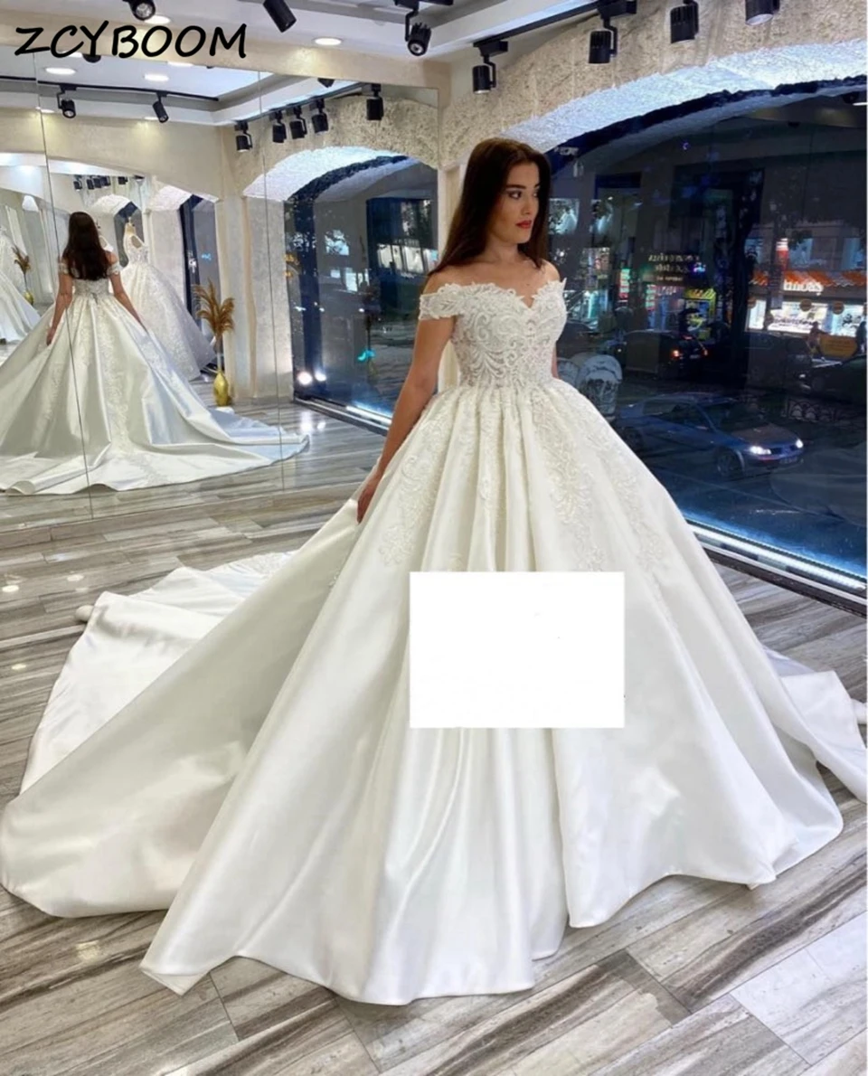 

2023 White/Ivory Ball Gown Long Wedding Dress Off The Shoulder Bride Dresses Appliques Lace Princess Satin Vestidos De Noiva