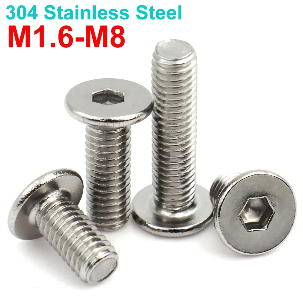 50/20/10/5Pcs of M1.6 M2 M2.5 M3 M4 M5 M6 M8 304 Stainless Steel Hex Socket Ultra Thin Super Low Flat Wafer Head Screw Bolt