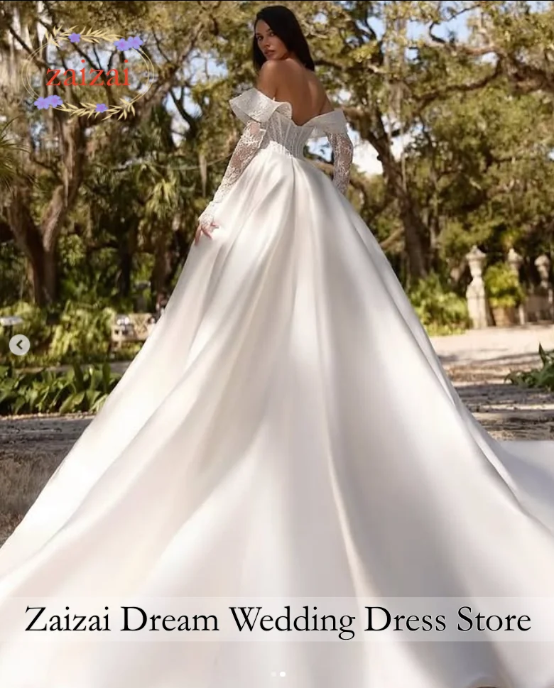 Customized  Exquisite Wedding Dresses Corset White Off Shoulder Lace Long Sleeve Dress Satin Sexy Slit Corset Brides Bridal Gown