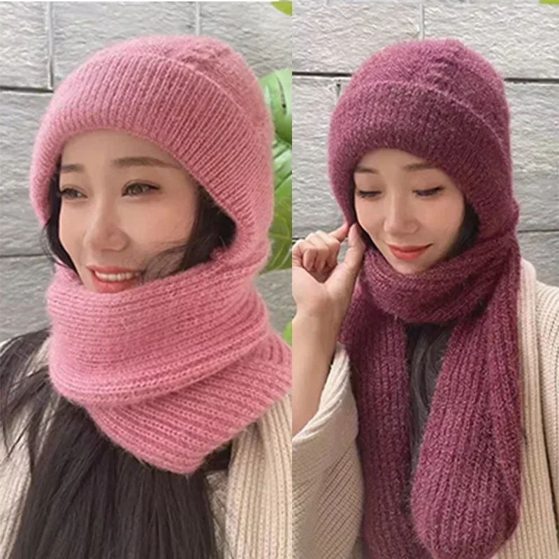 Winter Knitted Skullies Hat Scarf Set Cold Proof Ear Protection Scarf Warm Girls Beanies Cycling Windproof Ladies Outdoor Caps