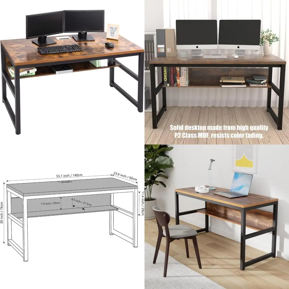 

Rustic Brown Wooden Computer Desk with Bookshelf and Metal Cable Management Cover, 1.18 Thick