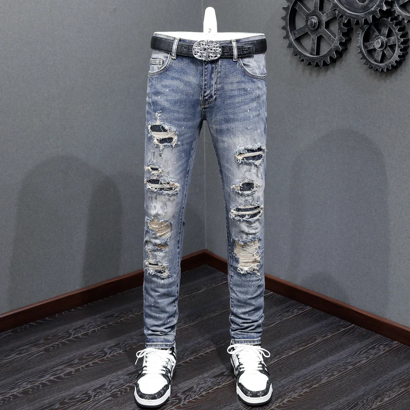 High Street Fashion Men Jeans Retro Blue Stretch Skinny Fit Painted Ripped Jeans Men Patched Designer Hip Hop Brand Denim Pants