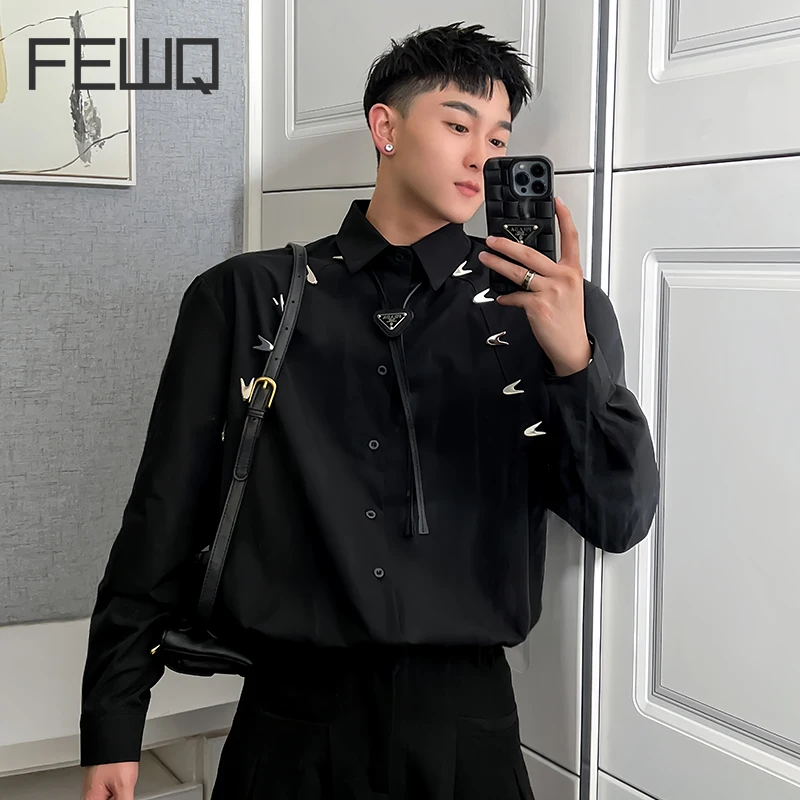 

FEWQ Men's Shirt Autumn Metal Turn-down Collar Long Sleeve 2023 New Korean Fashion Male Tops Darkwear Solid Color 24X2213