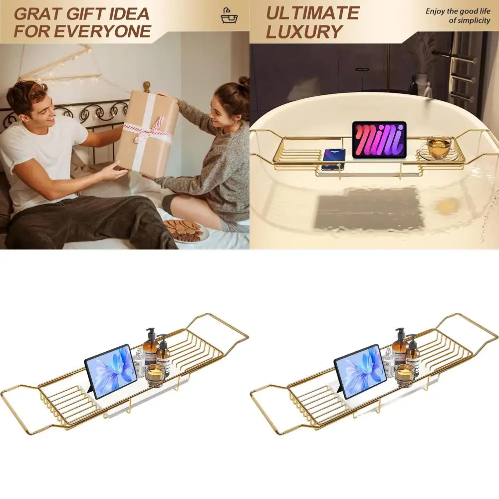 

Gold Stainless Steel Bath Caddy with White Marble Base, Adjustable and Rust-Resistant for Spa-Like Relaxation and Bath Accessori