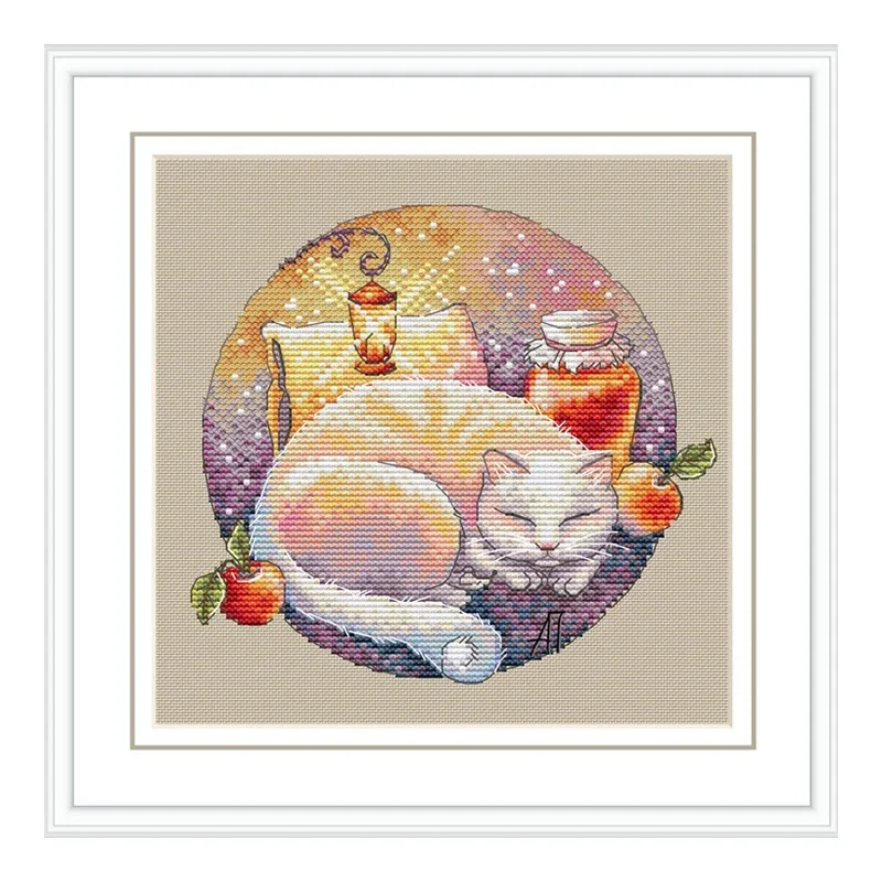 Amishop Gold Collection Counted Cross Stitch Kit Sleeping Cat Good Night Dream White Cat Kitty