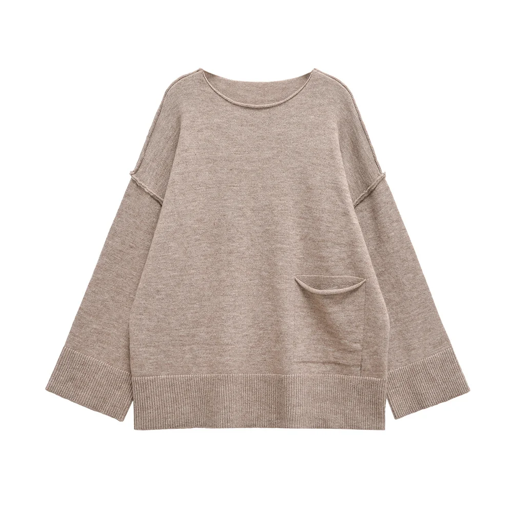 

Сплошной цвет, вязаный свитер с плоскими игольчатыми карманами, осень/зима, новый свитер с круглым вырезом и длинными рукавами для женщин