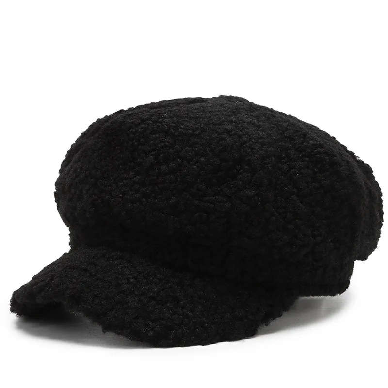 Fashion Solid Octagonal Cap Hats Female Autumn Winter Artificial Fur Panama Stylish Artist Painter Newsboy Caps Beret Woman Hat