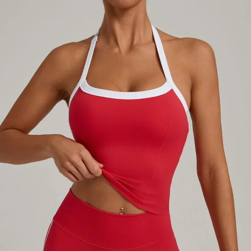 

Women's Seamless Yoga Tank Top - Adjustable HALTER Neck & Quick-Dry Fitness Shirt Color Block Running Sports Gym Workout Top