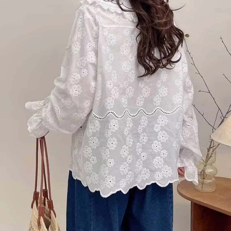 2025 Spring Sweet Embroidery Shirt Women Long Sleeve Doll Collar Lace Single Breasted Shirts