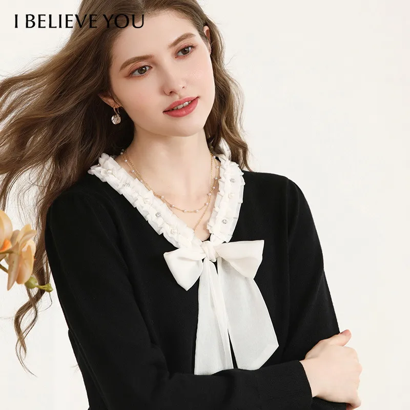I BELIEVE YOU Black Wool Knitted Sweater 2026 Autumn Commuter Lace Trim Bow Tie V Neck Sweaters Elegant Pullover Top 2263146372