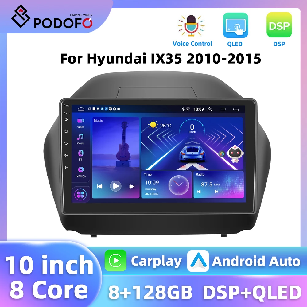 Podofo 2Din WIFI 4G Car Audio For Hyundai IX35 2010-2015 10.1'' Car Stereo AI Voice DSP Carplay Android Auto Mirror Link FM RDS