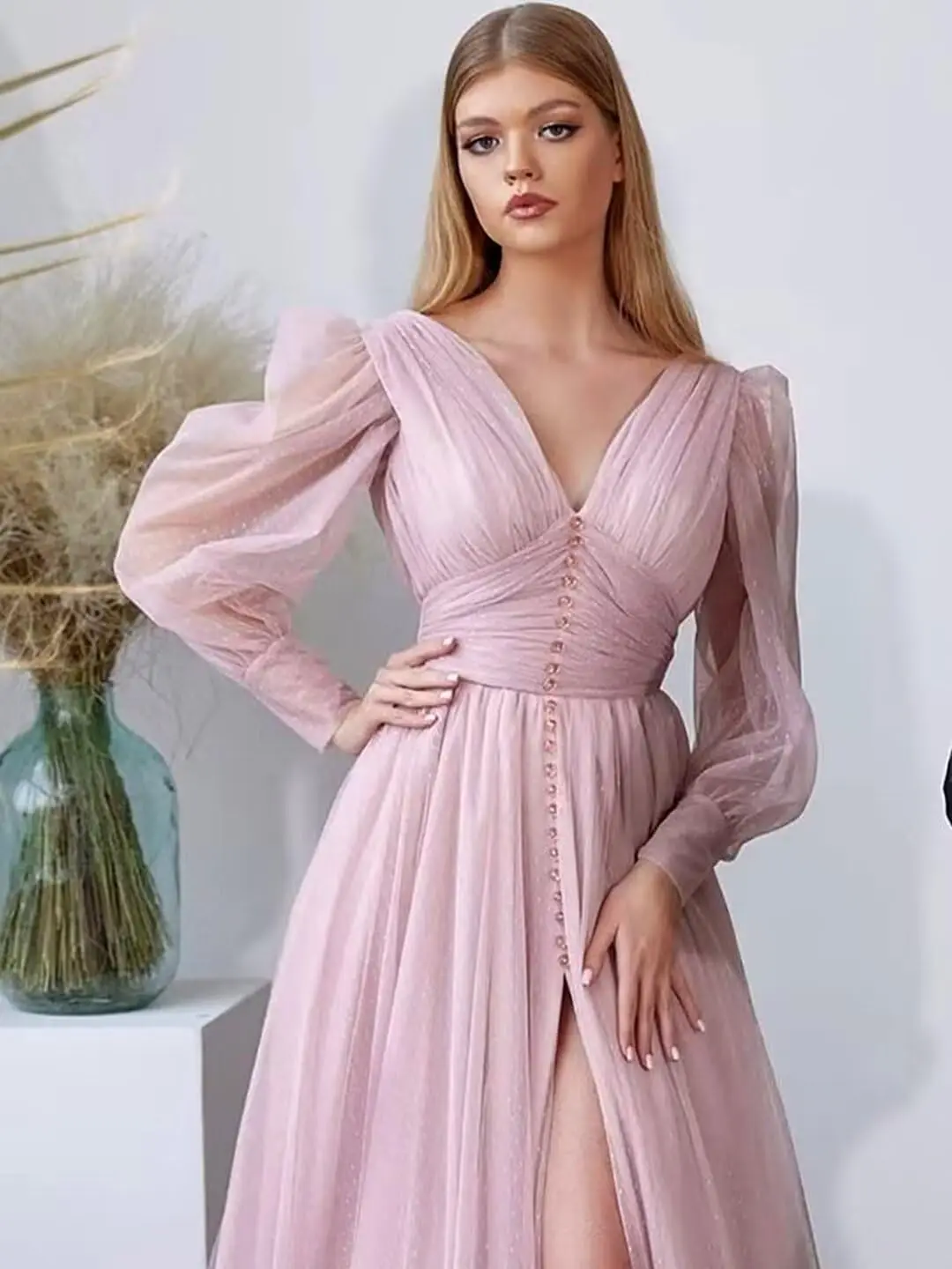 Elegante tule galajurk met V-hals, gezwollen mouwen, lange baljurk met split voor dames, formele avondjurk