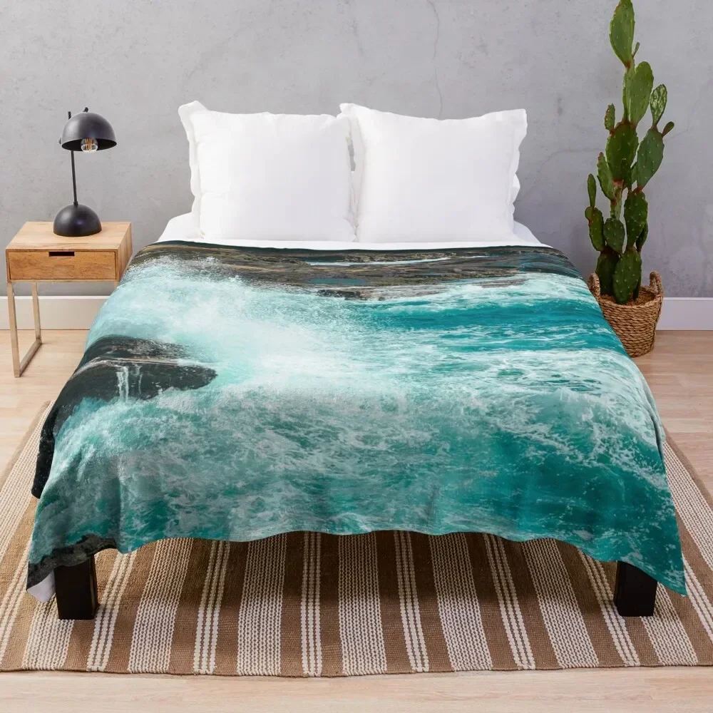 Cliffside Turquoise Blue Ocean Shore Waves Throw Blanket Sofa Throw Flannel Fabric for winter Blankets