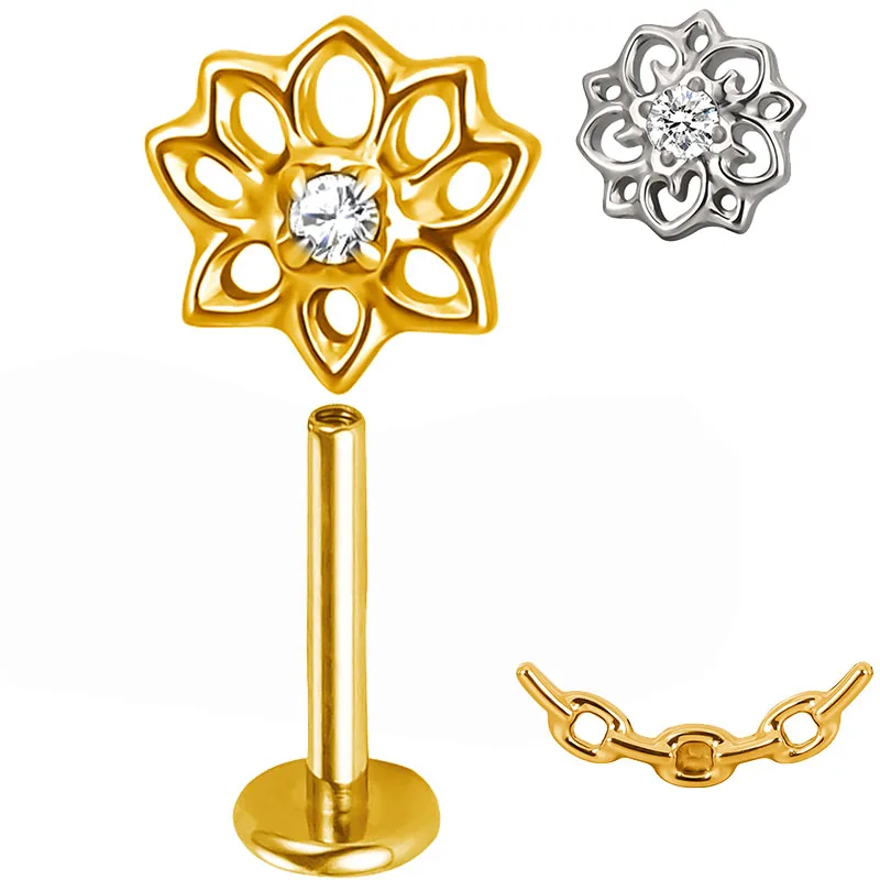 ASTM F136 Titan Ohr PIERC Hohle Blumen Ohrringe CZ Gepflastert Top Gewinde Labret Ohrstecker Tragus Lippenring Körperpiercing Schmuck