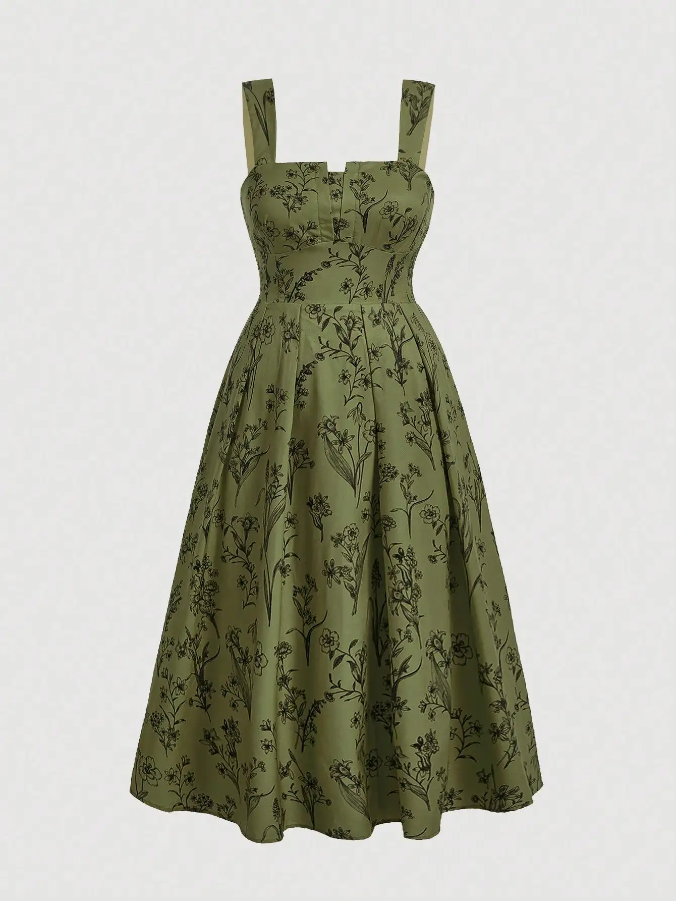 

Olive Green Floral Print A-Line Camisole Dress with Square Neck and Pleated Skirt