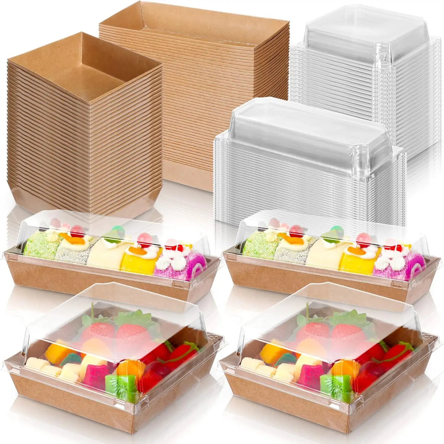 

100 Pack 2 Size Paper Charcuterie Box with Clear Safety Lid 5 Brown Square Disposable Food Container Bakery Bread Box 7.