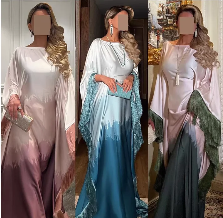 Middle Eastern Tassel Robe Gradient Printed Round Neck Loose Dress
