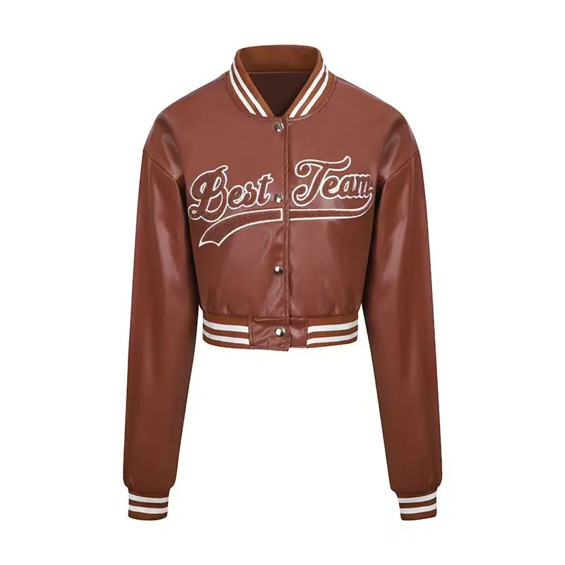 2025 new leisure leather jacket Spring and autumn long sleeve coat women fashion leather motorcycle wear baseball wear PU jacket