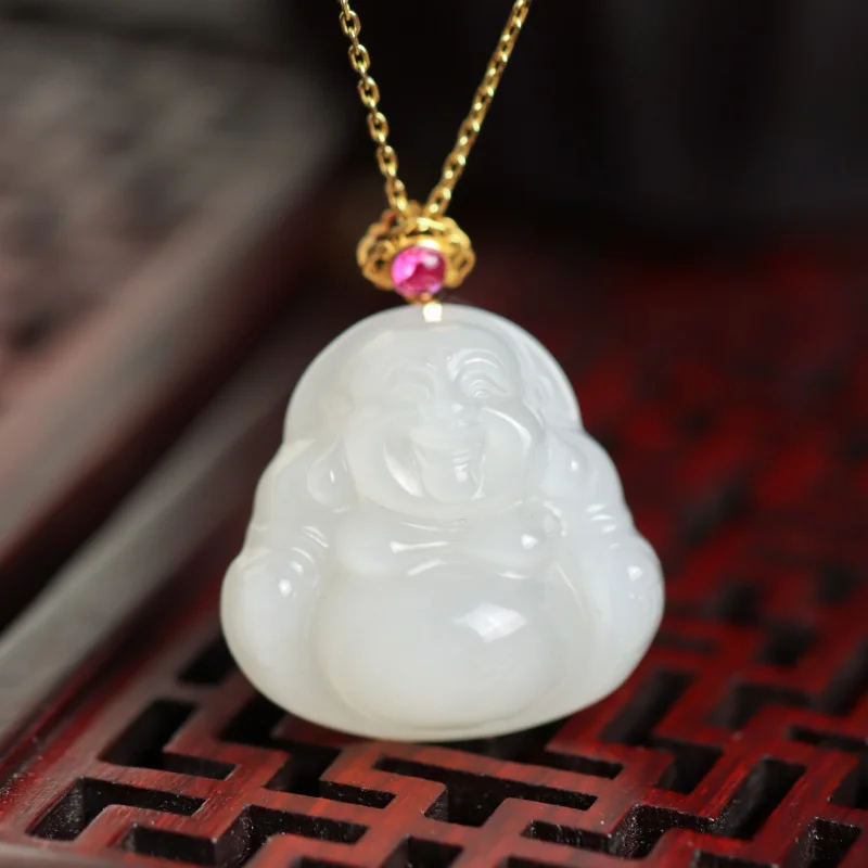

18K Gold Inlaid Hetian White Jade Buddha Male Pendant Women'S Necklace