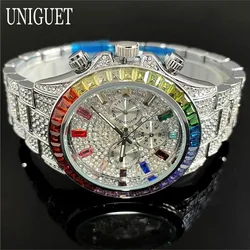 Hot Sell UNIGUET Fashion Iced Watch For Mens Stainless Steel Quartz Watches Hip Hop Rainbow Diamond Wristwatch Man Dropshipping