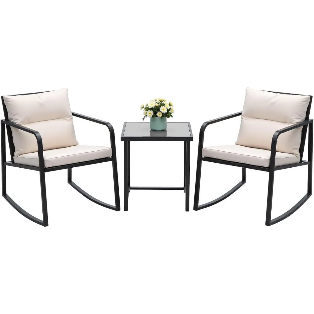 

3 Piece Rocking Bistro Set Wicker Patio Outdoor Furniture Porch Chairs Conversation Sets with Glass Coffee Table (Beige)