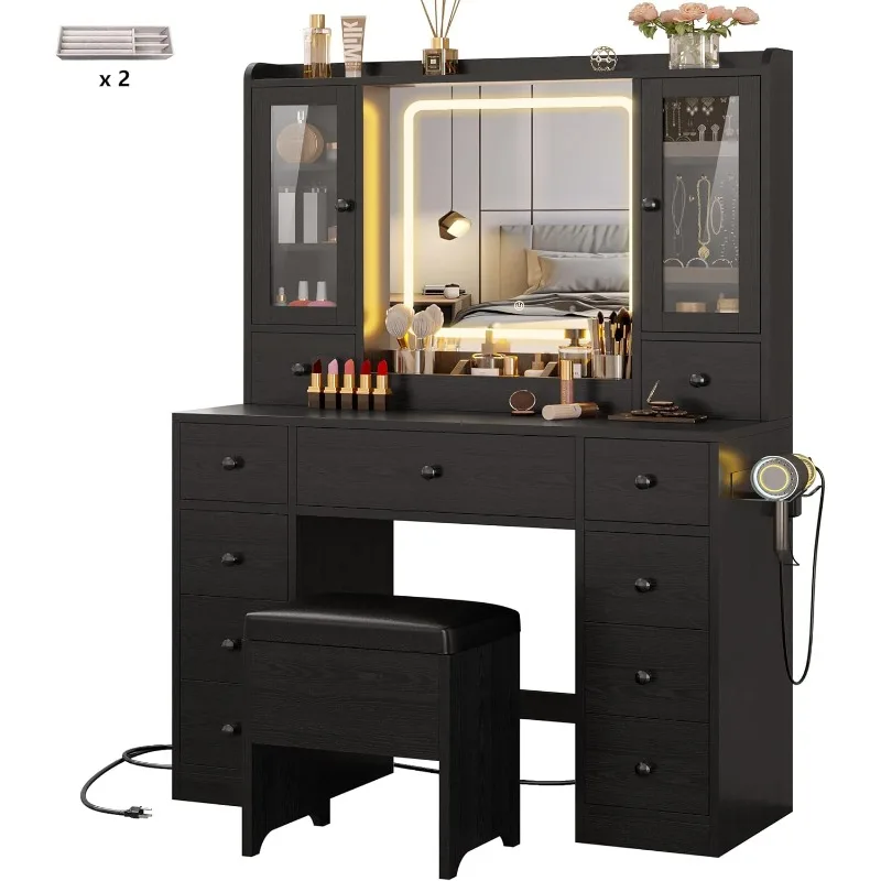 Vanity Desk with LED Lights Mirror and Charging Station, Makeup Vanity Table with Jewelry Armoire, Storage Bench，and 11 Drawers