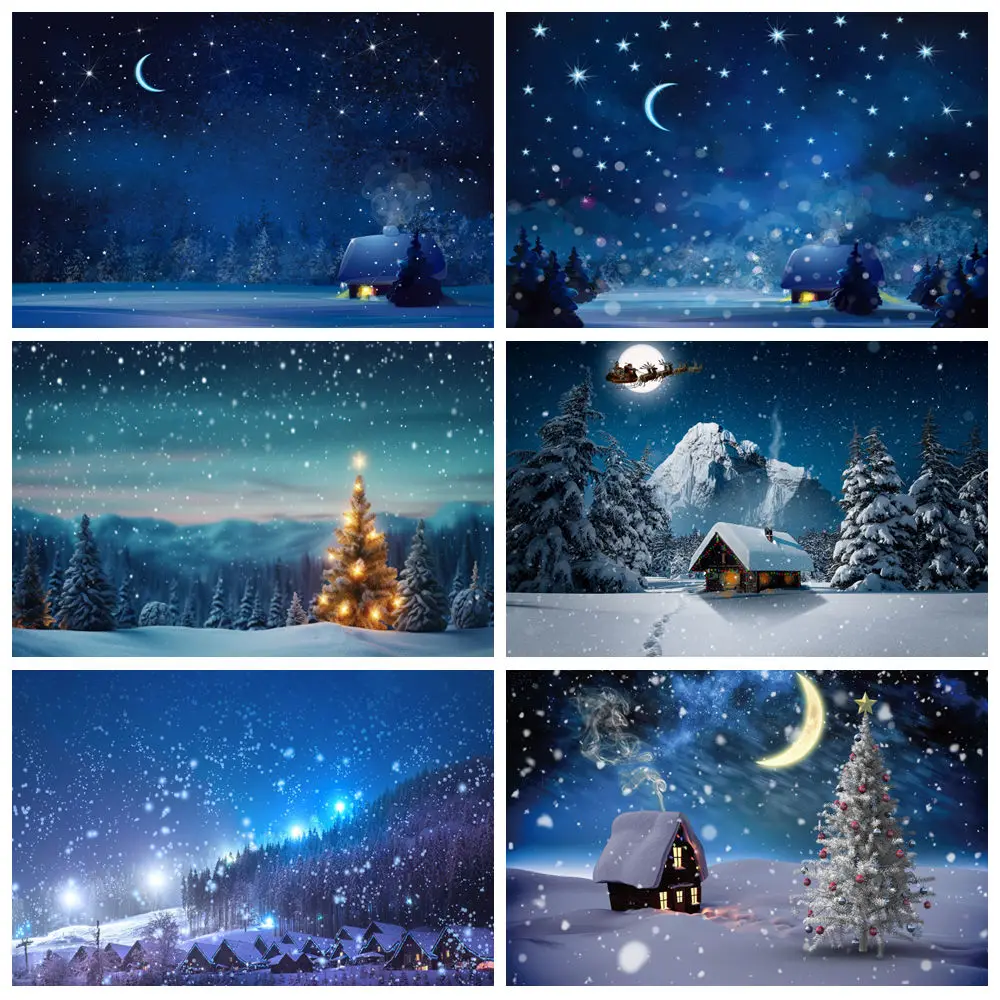 

Winter Christmas Moon Night Photography Backdrop Snow Pine Tree Dark Blue Sky Forest Glitter Star Natural Scene Photo Background