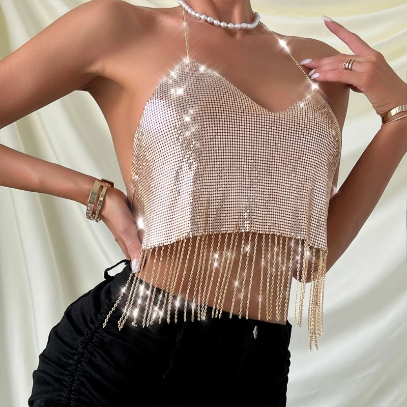 Nữ Gợi Cảm Tua Rua Đính Hạt Cườm Crop Tops Lấp Lánh Long Lanh Xe Tăng Áo Không Tay Chân Váy Xòe Dây Áo Vest Raves Đảng Clubwear