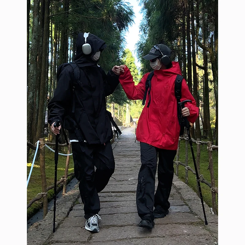 

Red Windproof Waterproof Outdoor Jaet Men's Spring Autumn High-End Feeling Hood Traveling Climbing Parka Casual Loose Fit P...