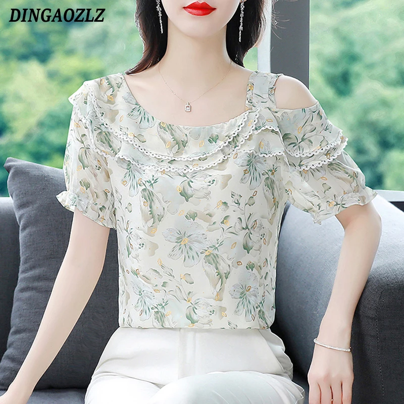 

Korena Fashion Women Chiffon Shirt Short Sleeve Off The Shoulder Casual Top 2025 Summer Floral Printed Blouse