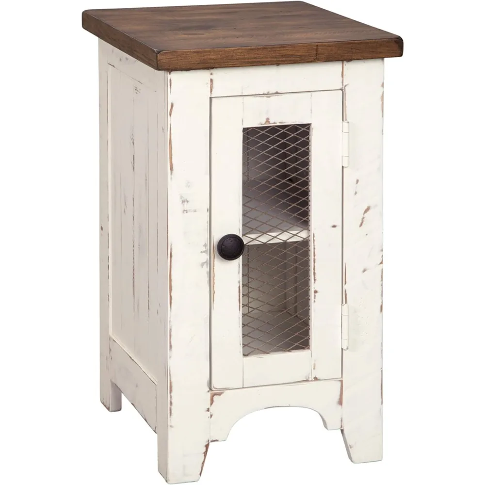 

Farmhouse Chair Side End Table with Cabinet Door for Storage, White & Brown with Distressed Finish