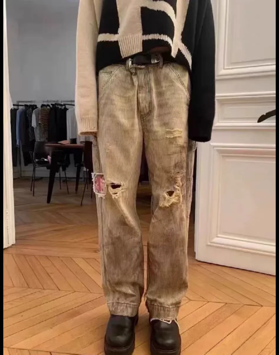 

Distressed Denim Overalls with Mud Dye And Stripe Pattern Vintage Comic Patchwork Loose Fit Cotton Pants for Teenagers