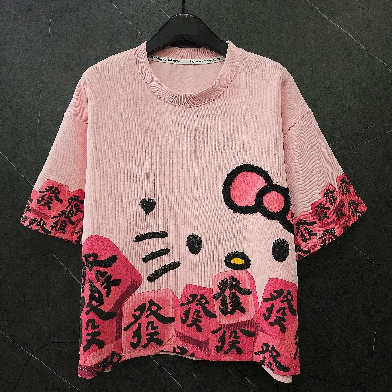 Camiseta de Manga Curta com Estampa de Desenho Animado para Mulheres, Estilo Casual Versátil e Doce, Y2K, 2025