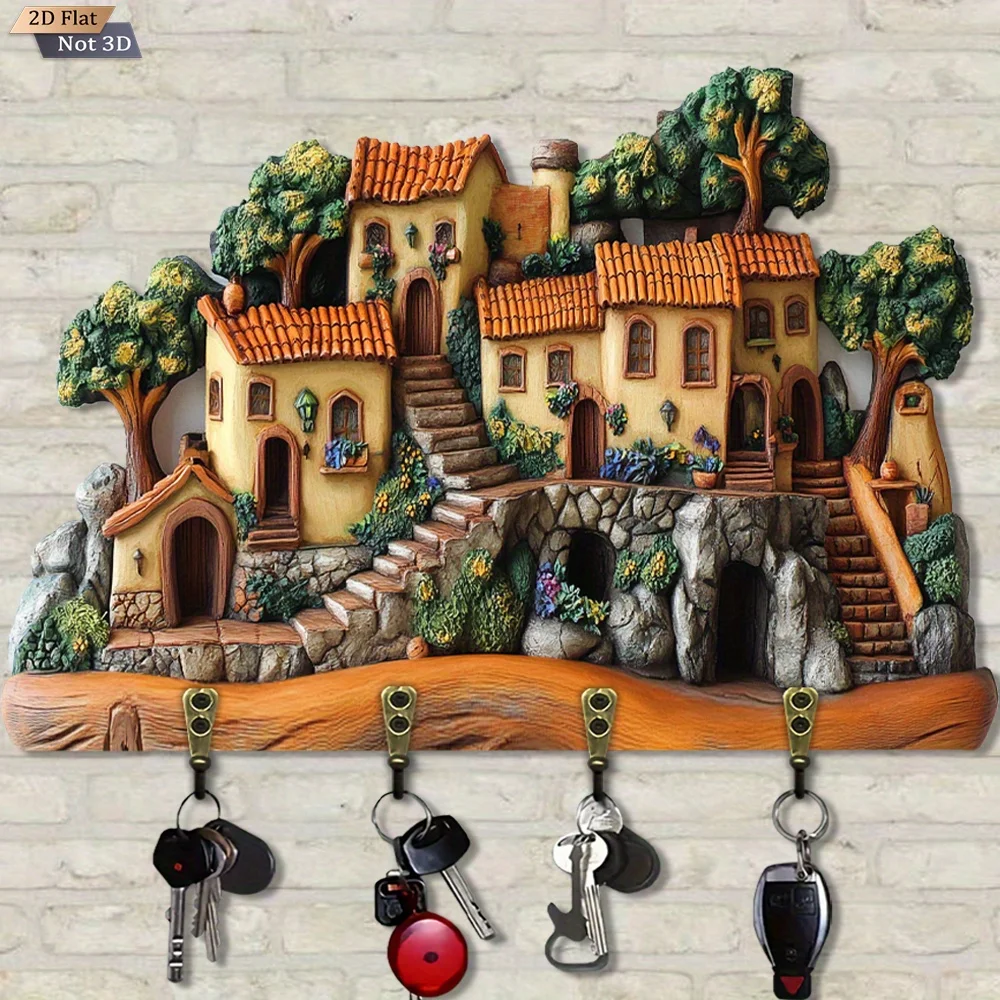 Solid 2DWooden Key Holder Wall Mount Mediterranean Tuscan Village Decor Key Rack Entryway Hallway Front Door Home Organizer