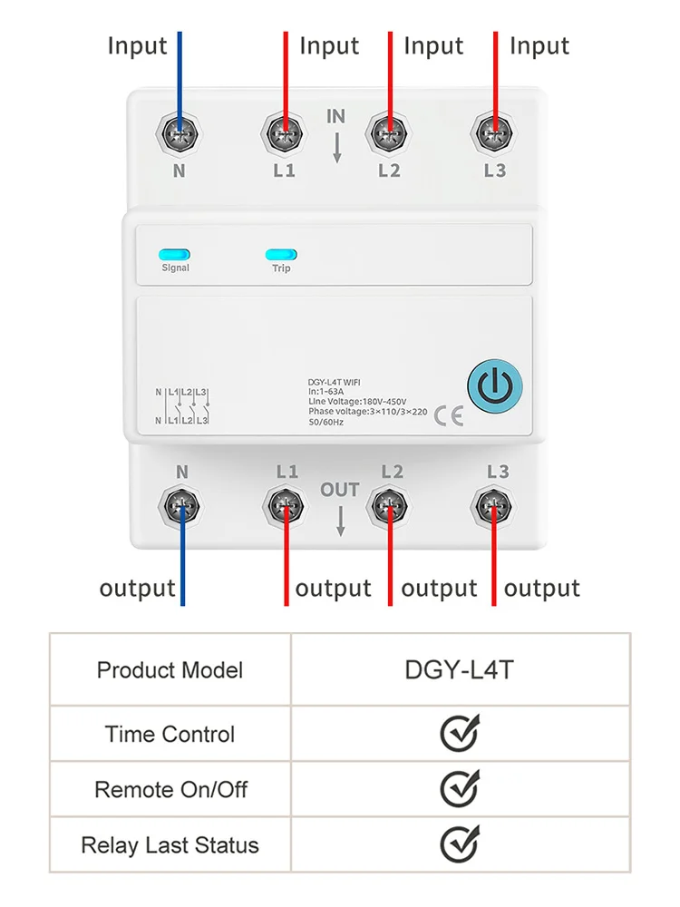 Inteligentny wyłącznik obwodu 4P WIFI z 3 przekaźnikami, zdalne sterowanie, odłączanie przewodu pod napięciem, timer odliczający, kompatybilny z aplikacją TUYA/SmartLife — 2