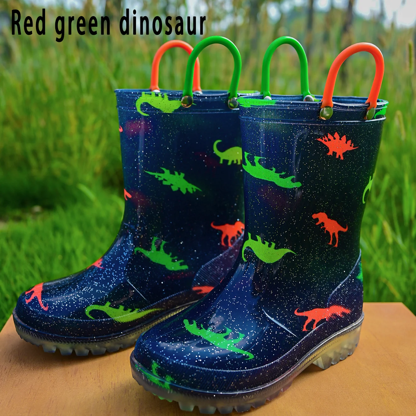 Kids’ Outdoor Cute Cartoon Dinosaur Glitter PVC Rain Boots with handles - Waterproof Anti-slip Water Shoes - Wear-Resistant, Eas