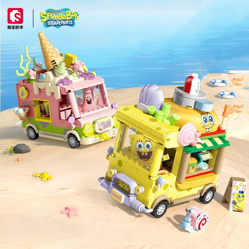 

SEMBO BLOCKS SpongeBob SquarePants Series Building Blocks Hamburger Car Patrick Star Dessert Ice Cream Car Model Bricks Kid Gift