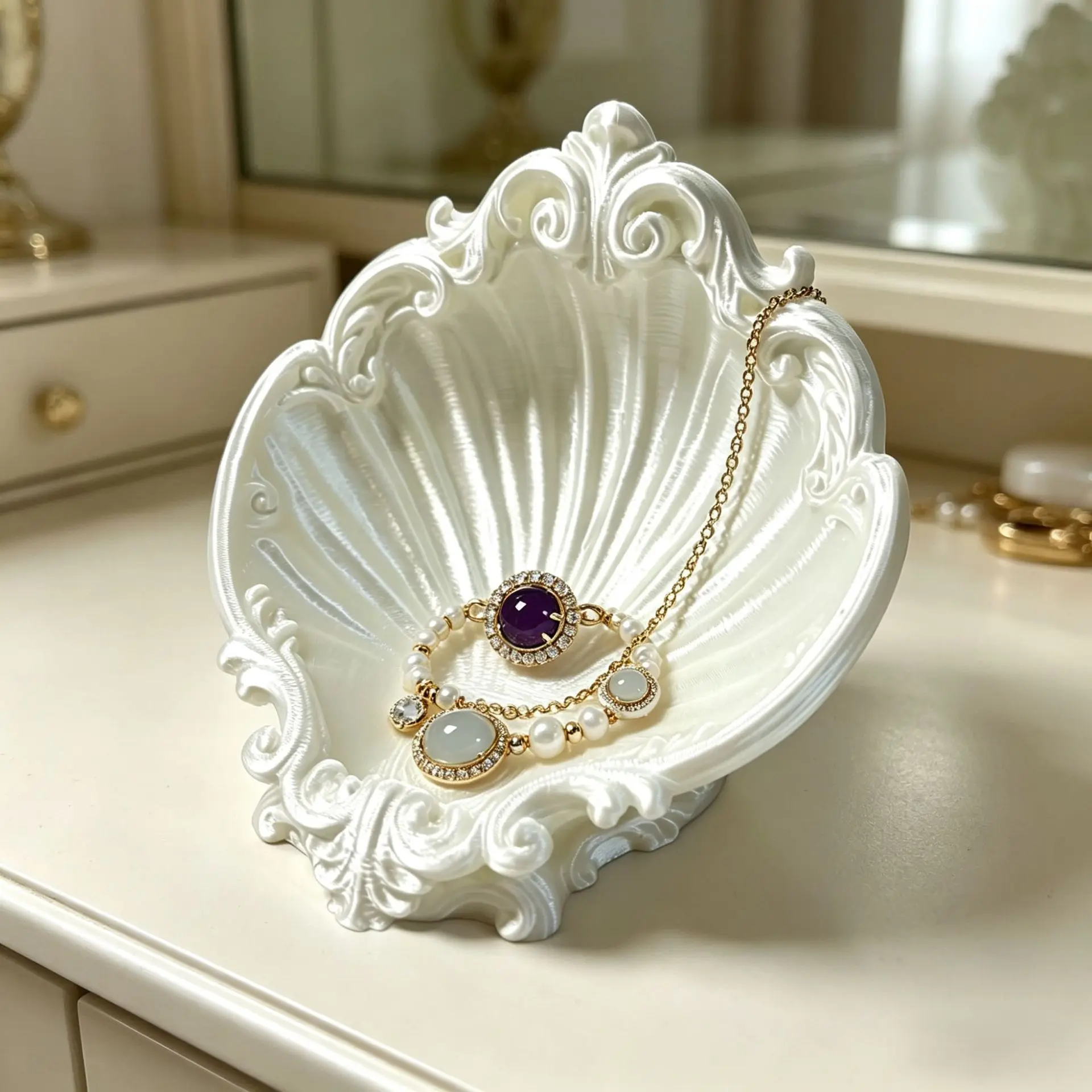 Vintage Baroque Shell Trinket Dish 3D‑Printed PLA Pearl‑Luster Jewelry Tray Ring Necklace Storage Desktop Vanity Decor Gift